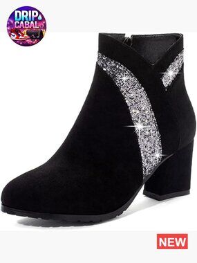 Glitter Sequins Dressy Ankle Boots Chunky High Heel Side Zipper Round Toe